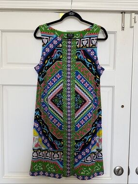 Nicole Miller Bright Multicolor Geometric Shift Dress - Blue Green Pink Size L